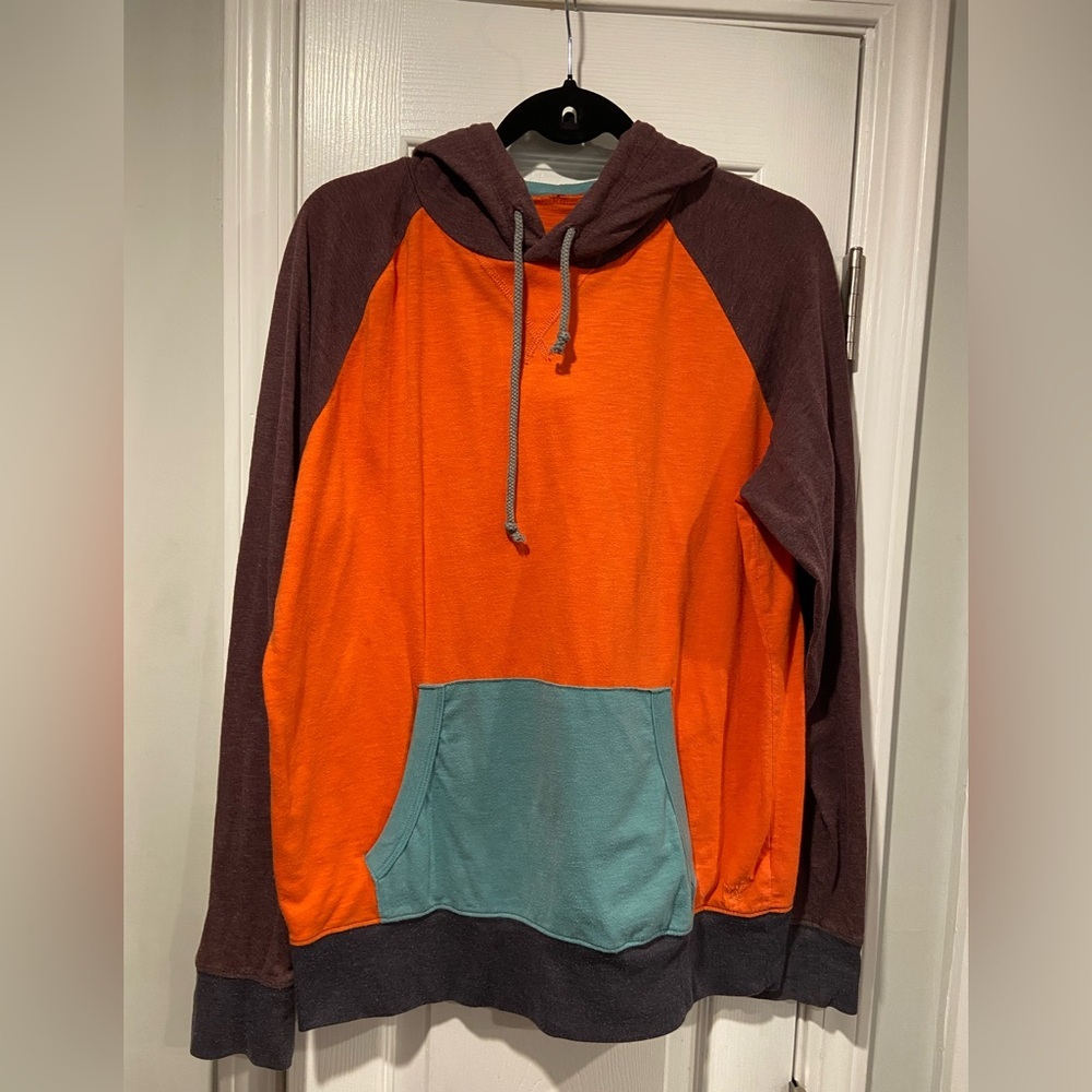 American Eagle Mens Size M Orange Colorblock Pullover Hoodie Pocket Lightweight